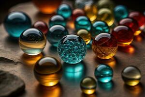 Colorful glass marbles on a the table. Selective focus. ai generative photo