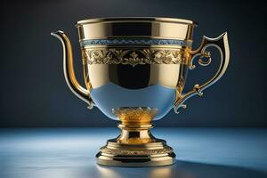 Golden trophy cup on wooden table. Award concept. ai generative photo