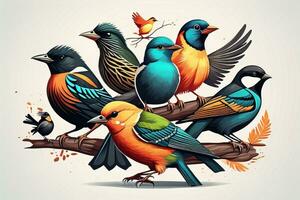 vector ilustración de un grupo de vistoso aves sentado en un rama. ai generativo foto