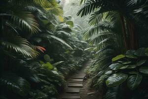 A pathway in tropical rainforest with palm trees and path in the mist. ai generative photo