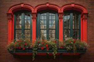 vistoso ventanas de un típico casa en el ciudad, ai generativo foto