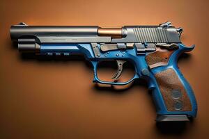 Semi-automatic handgun on a solid color background. Close-up. ai generative photo