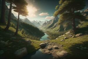 Beautiful fantasy landscape with a river in the mountains. ai generative photo