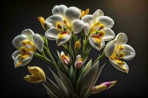 ramo de flores de azafrán y tulipanes en sólido color antecedentes. ai generativo foto