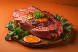 Raw beef sirloin steak with ingredients for cooking on wooden background. ai generative photo