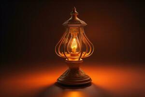 Lantern on a wooden table and a dark background. ai generative photo