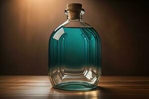 Bottle with a liquid on a solid color background. ai generative photo