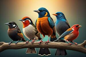 vector ilustración de un grupo de vistoso aves sentado en un rama. ai generativo foto