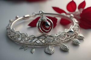 Silver necklace on a solid color background in close-up. ai generative photo