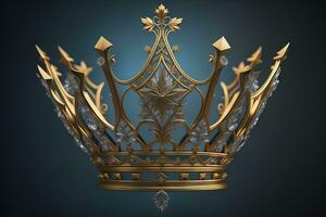 low key image of beautiful golden queen, king crown. ai generative photo
