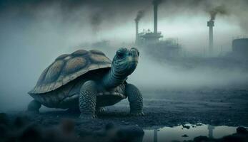 turtle stands watching a petrochemical refinery at sunrise. Generative AI. photo