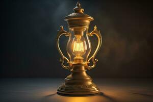 Lantern on a wooden table and a dark background. ai generative photo