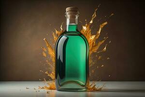 Bottle with a liquid on a solid color background. ai generative photo