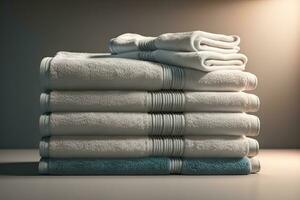 Towels on a wooden table in a bathroom. ai generative photo