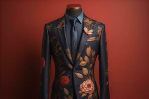 Stylish suits on mannequins on solid color background, closeup. ai generative photo