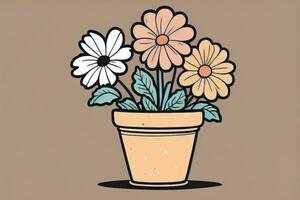 Illustration of a flowerpot with pink and blue flowers on a gray background. ai generative photo