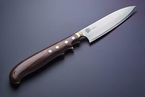 Knife with wooden handle on a solid color background. ai generative photo