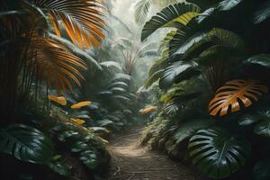 A pathway in tropical rainforest with palm trees and path in the mist. ai generative photo