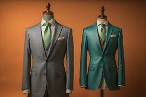 Stylish suits on mannequins on solid color background, closeup. ai generative photo