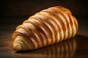 Freshly baked croissants on a wooden table, close up. ai generative photo