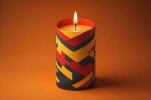 Burning aroma candle on wooden table against solid color background, copyspace. ai generative photo