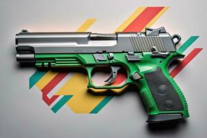 Semi-automatic handgun on a solid color background. Close-up. ai generative photo