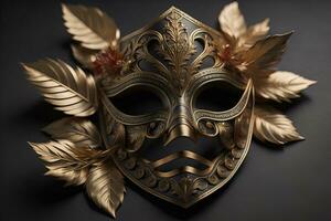 Venetian carnival mask with golden ornament on a solid color background. ai generative photo
