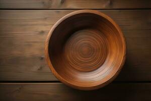 Empty wooden bowl on wooden background. Top view. Copy space. ai generative photo