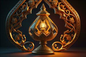Lantern on a wooden table and a dark background. ai generative photo