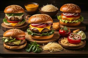 Hamburgers with french fries on wooden table, closeup. ai generative photo