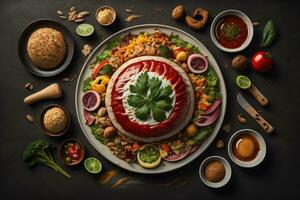 Top view of different indian dishes on dark background. Indian cuisine. ai generative photo