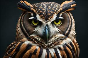 Owl with yellow eyes on a solid background. ai generative photo