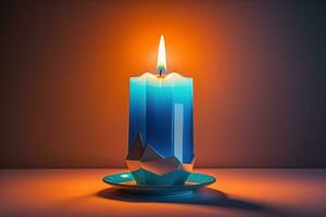 Burning aroma candle on wooden table against solid color background, copyspace. ai generative photo