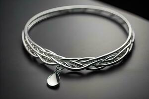 Silver necklace on a solid color background in close-up. ai generative photo