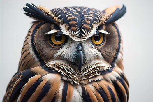 Owl with yellow eyes on a solid background. ai generative photo