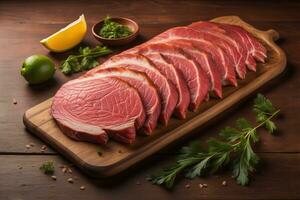 Raw beef sirloin steak with ingredients for cooking on wooden background. ai generative photo