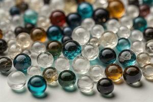 Colorful glass marbles on a the table. Selective focus. ai generative photo