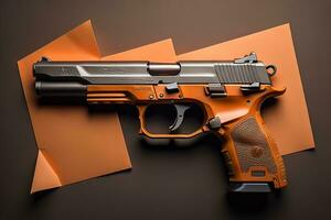 Semi-automatic handgun on a solid color background. Close-up. ai generative photo