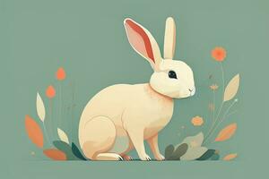 Vector illustration of a cute white rabbit sitting on a gray background. ai generative photo