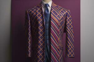 Stylish suits on mannequins on solid color background, closeup. ai generative photo