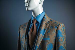 Stylish suits on mannequins on solid color background, closeup. ai generative photo