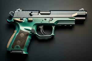 Semi-automatic handgun on a solid color background. Close-up. ai generative photo