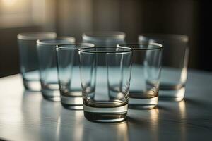 Glasses of whiskey on a wooden table in a pub or restaurant. ai generative photo