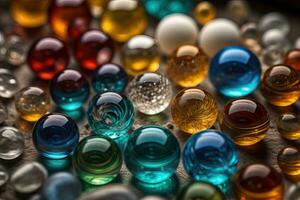 Colorful glass marbles on a the table. Selective focus. ai generative photo