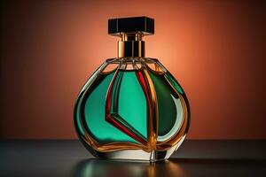 Creative and brandless Perfume bottle and flower on the wooden table, closeup. ai generative photo