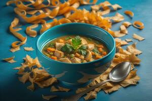 Vegetable soup in a bowl on wooden background. ai generative photo