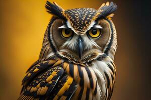 Owl with yellow eyes on a solid background. ai generative photo