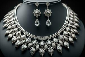 Silver necklace on a solid color background in close-up. ai generative photo