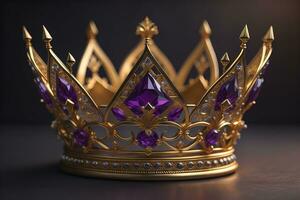 low key image of beautiful golden queen, king crown. ai generative photo