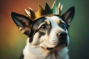 Portrait of a cute dog in a golden crown on a solid color background. ai generative photo